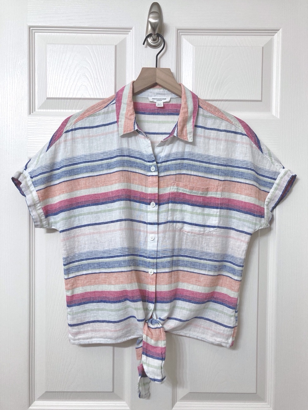 Beach Lunch Lounge White Striped Linen Blend Collared Shirt Small Preppy Resort